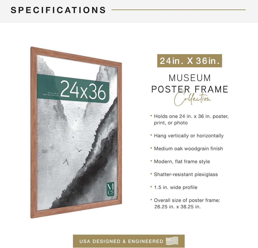 MCS Museum Posterrahmen 61,0 x 91,4 cm, Mittelbraune Eiche, Vertikale und horizontale Wandaufhängung