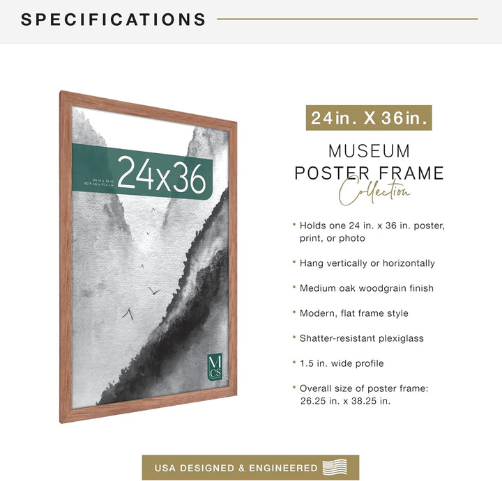 MCS Museum Posterrahmen 61,0 x 91,4 cm, Mittelbraune Eiche, Vertikale und horizontale Wandaufhängung