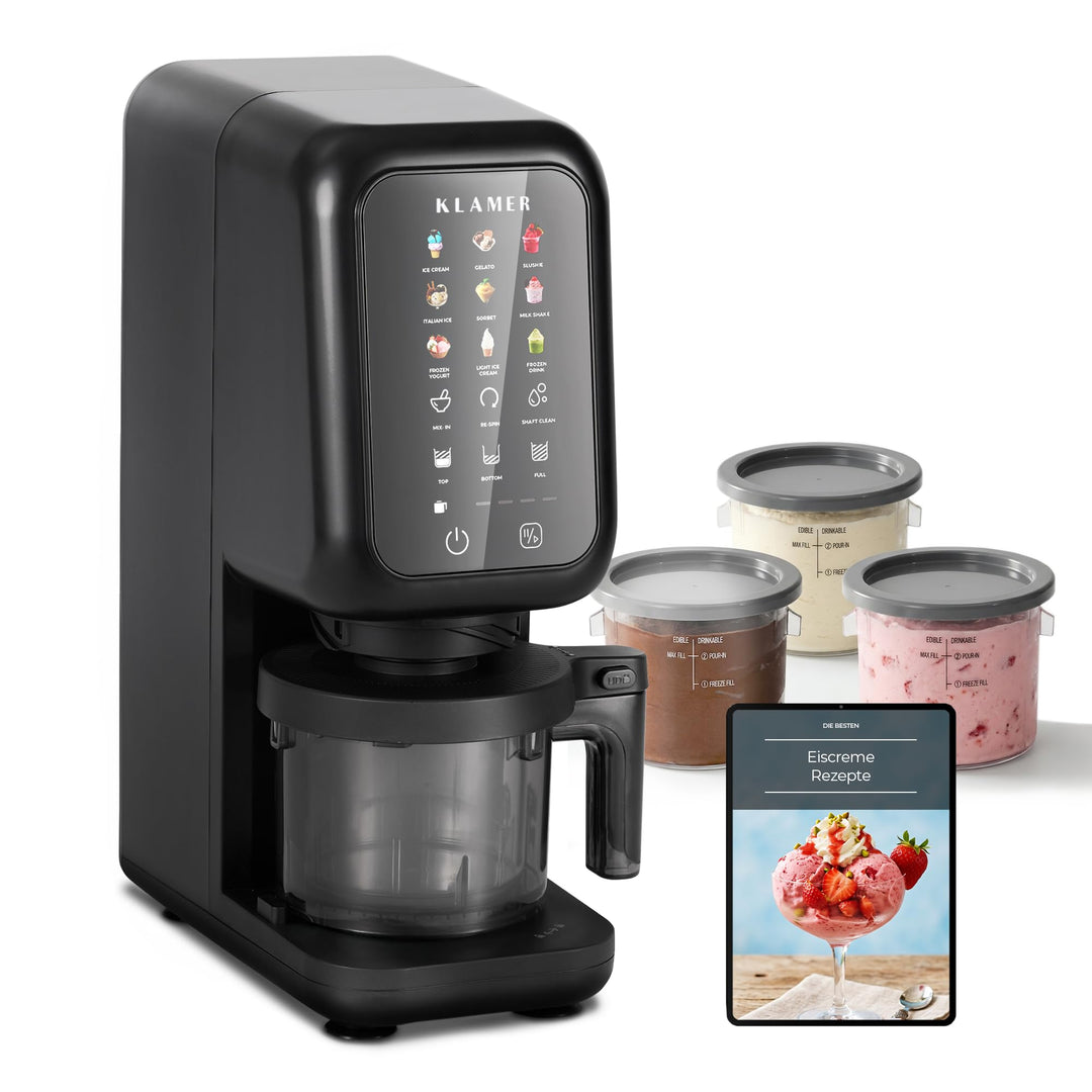 KLAMER Eismaschine, 12 Programme für Eiscreme, Gelato, Sorbet, Frozen Yogurt, Slushie &amp; Milkshake, M