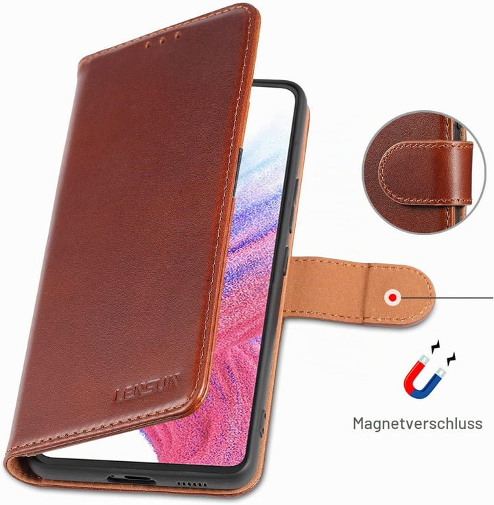 LENSUN Echtleder Hülle für Samsung Galaxy A53, Handyhülle [Echtes Leder] [Magnetverschluss] [RFID Sc
