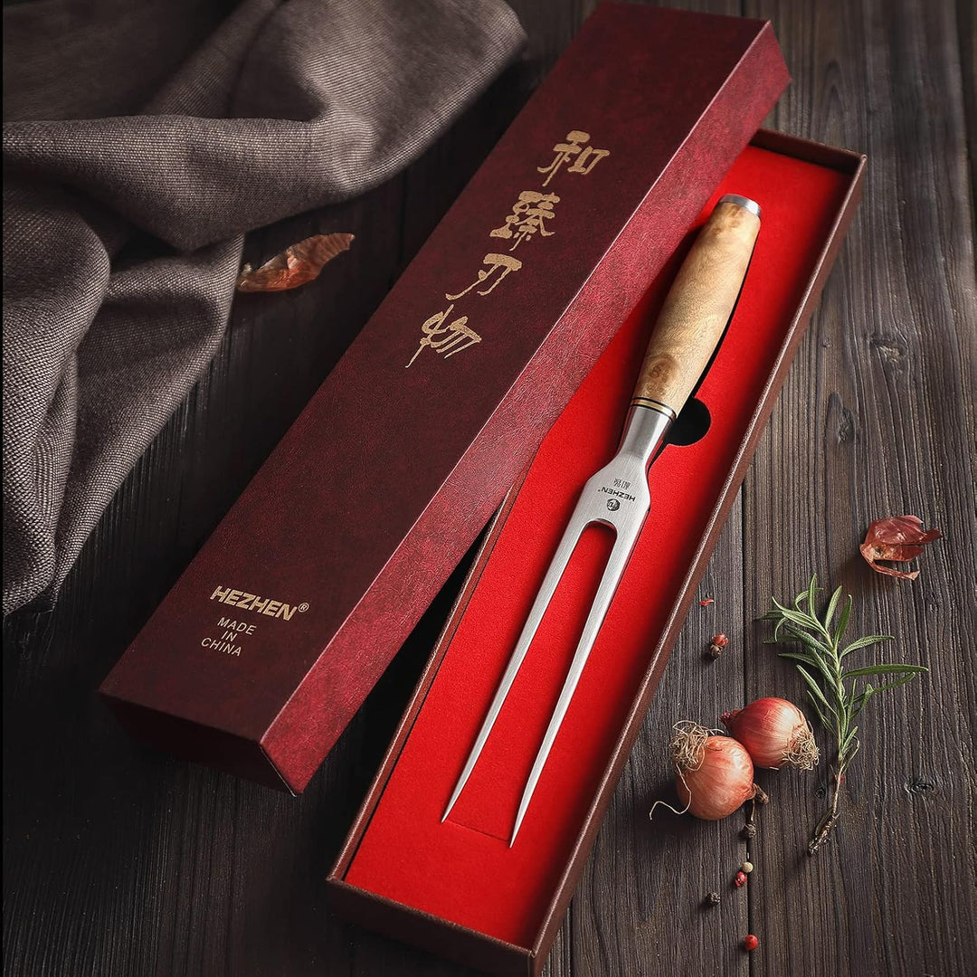 HEZHN Tranchiergabel Fleischgabel Outdoor Grillgabel 430 Edelstahl Figaro Bergahorn Holz Geschenkbox