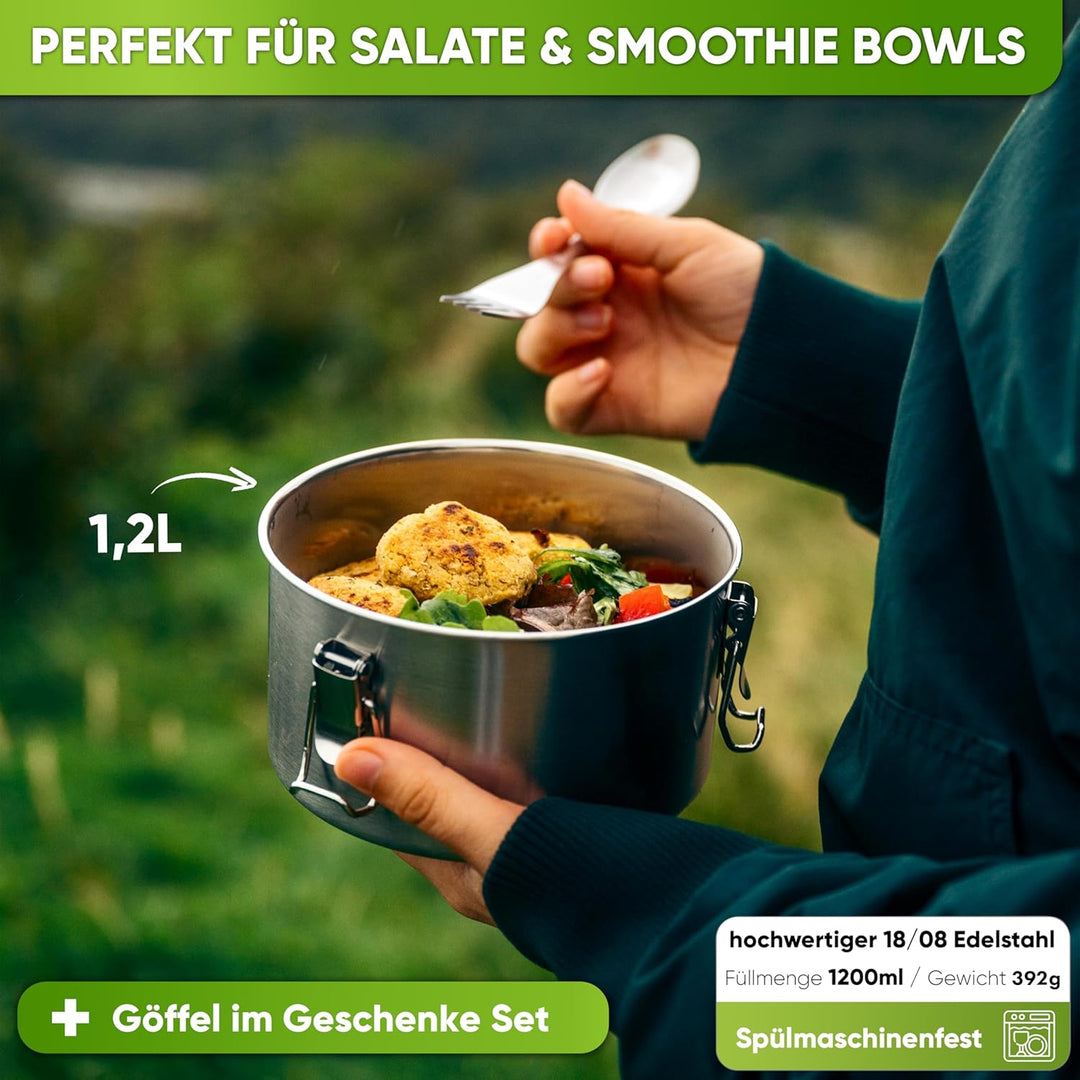 Blockhütte Premium Lunchbox Edelstahl Rund 1200ml mit Göffel und 2x Dichtung Set - Edelstahl Dose Au