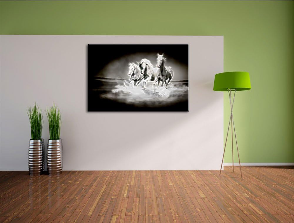 Dark Weisse Pferde rennen im Wasser Deluxe Format: 100x70 cm auf Leinwand, XXL riesige Bilder fertig