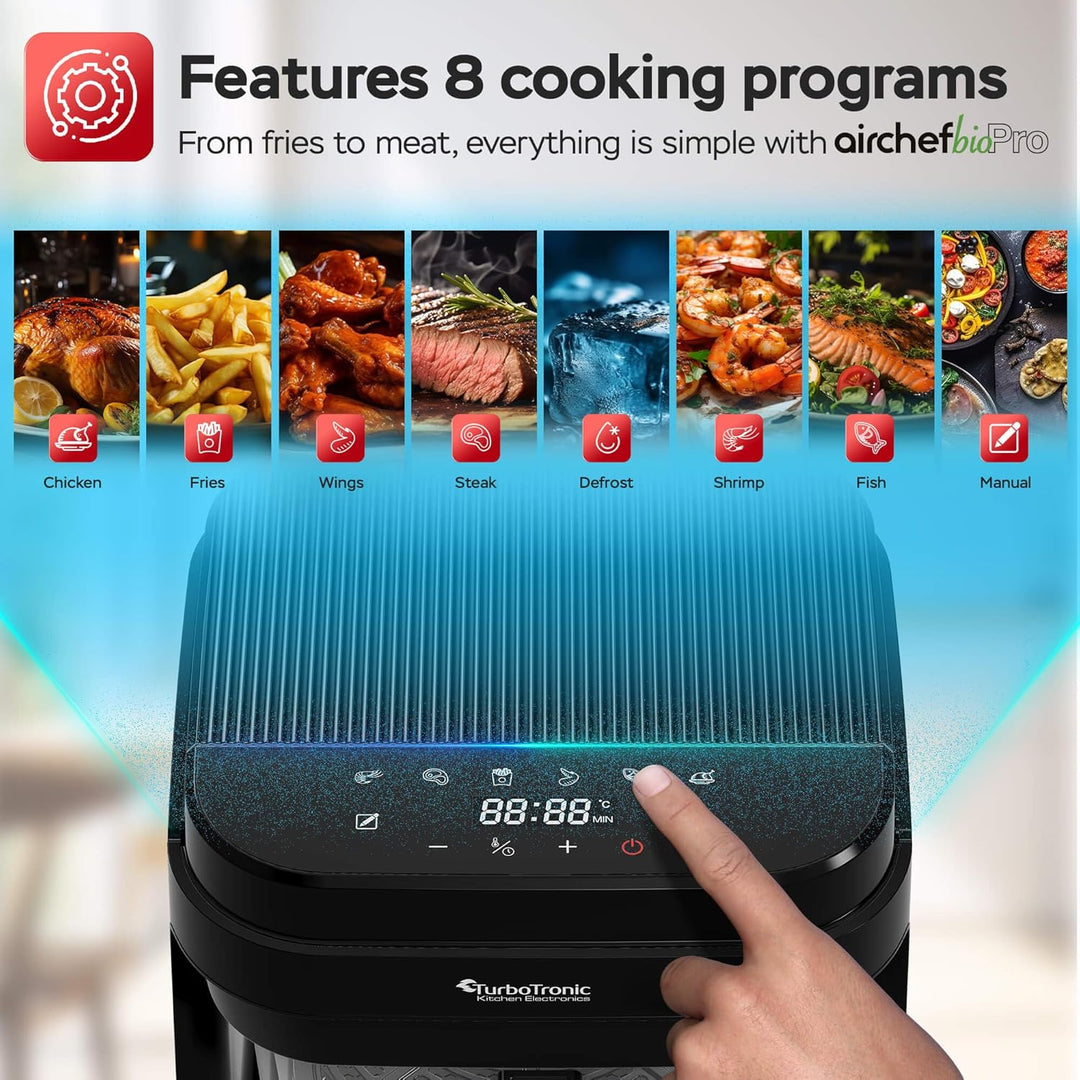 TurboTronic Heissluftfritteuse 5,5L Glas Airfryer – Digitale Heissluft Fritteuse 40–200°C 8 Programm