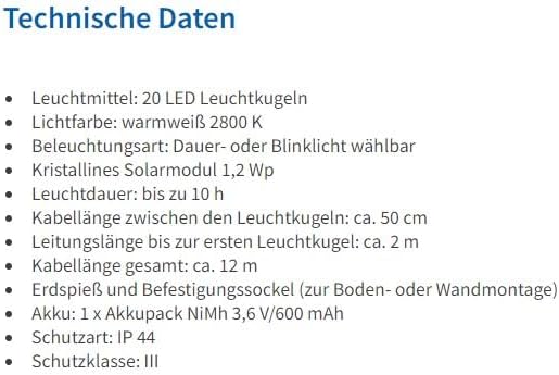 Esotec Solar Glühbirnen Lichterkette Shining Bulbs, 10m, 20 LEDs, warmweiss, Zuleitung 2m, Akku, Sol