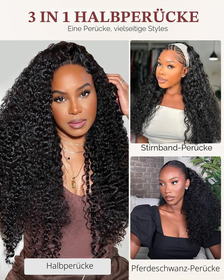Tunfine Curly Half Wig Echthaar perücke 200 Dichte Water Wave 3 in 1 Seamless Flip Over Wigs Perücke