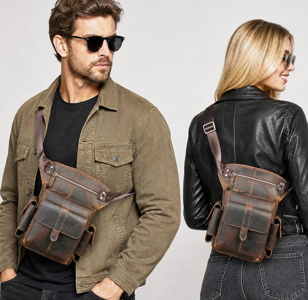 Herren Canvas + Leder Motorrad Reiten Tasche Beinbeutel Beintasche Aussenbeintasche Hüfttasche Drop