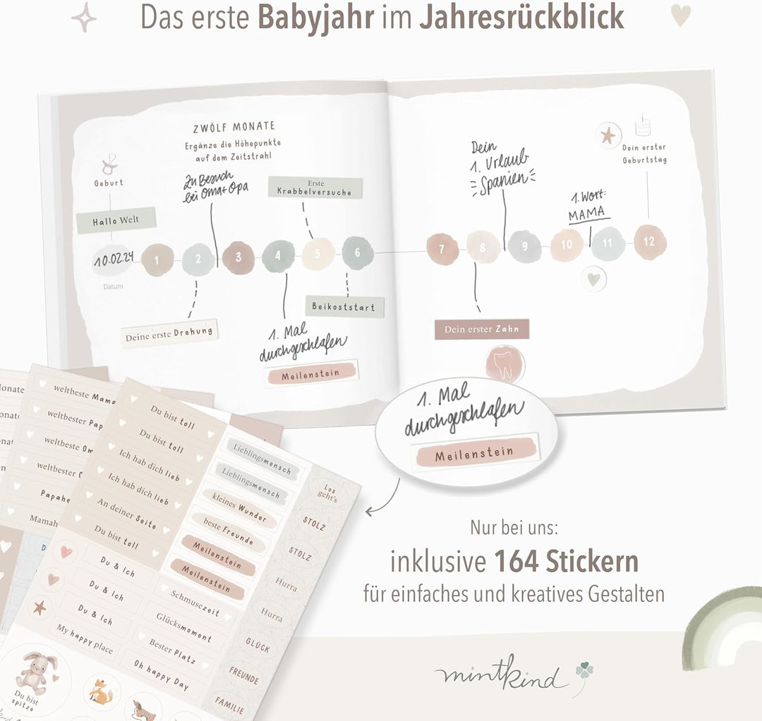 mintkind® Mein erstes Jahr Babyalbum Pattern Salbei – sanftes Babytagebuch mit 176 Seiten und Sticke