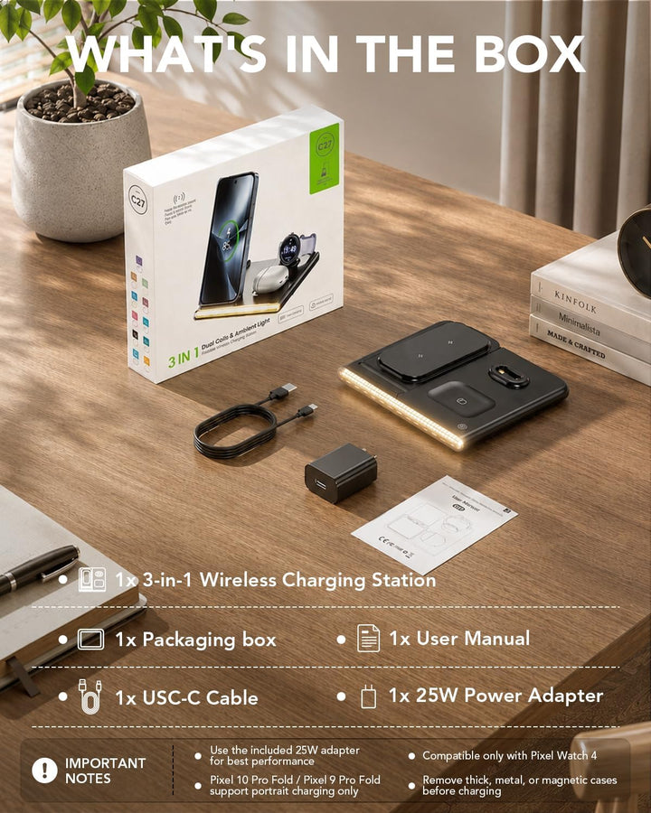 3-in-1-Wireless-Ladegerät für Google Pixel Watch 4，Induktionsladestation für Google Pixel 10/10 Pro/