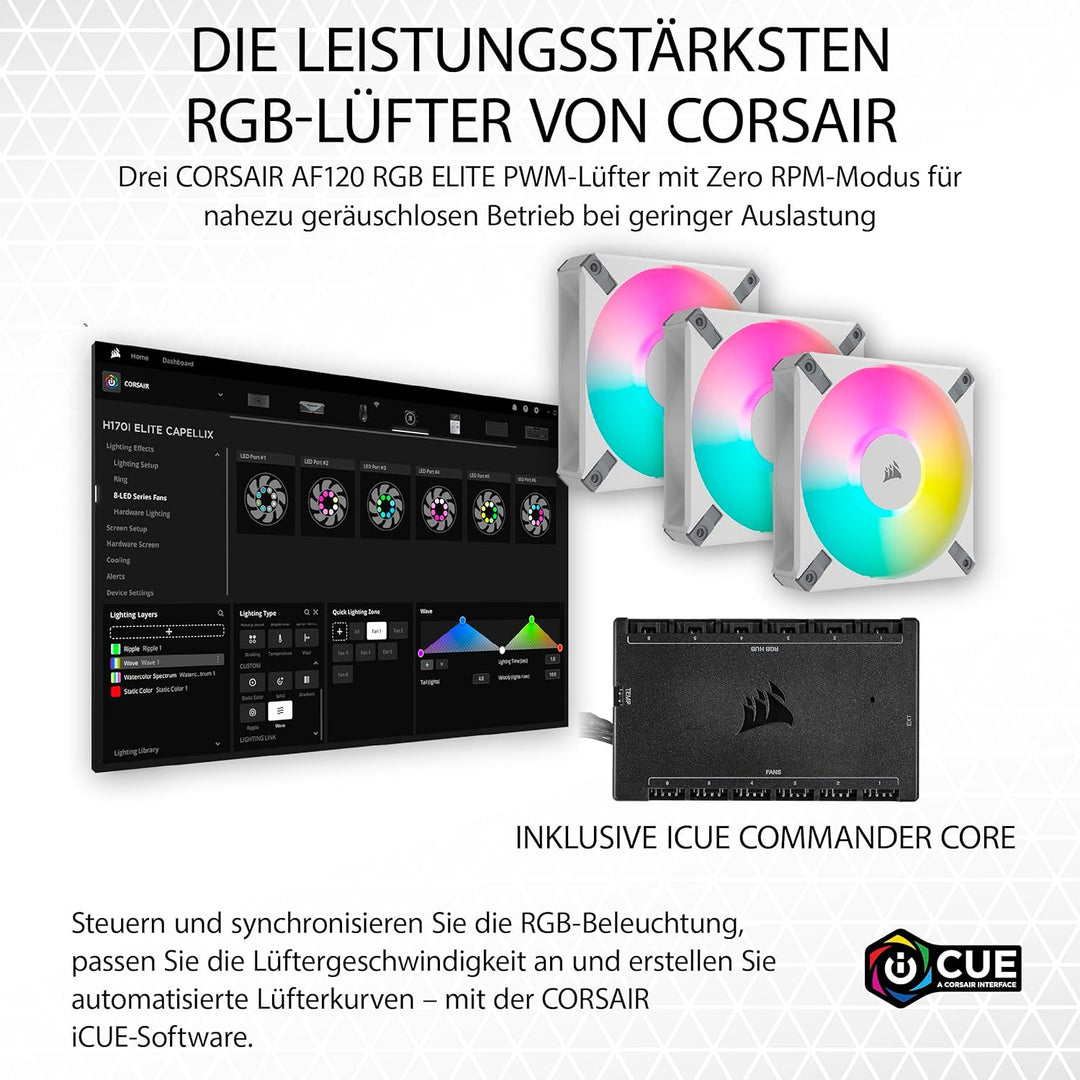 Corsair iCUE H150i Elite CAPELLIX XT Flüssig-CPU-Kühler - DREI AF120 RGB Elite-Lüfter - 360-mm-Radia