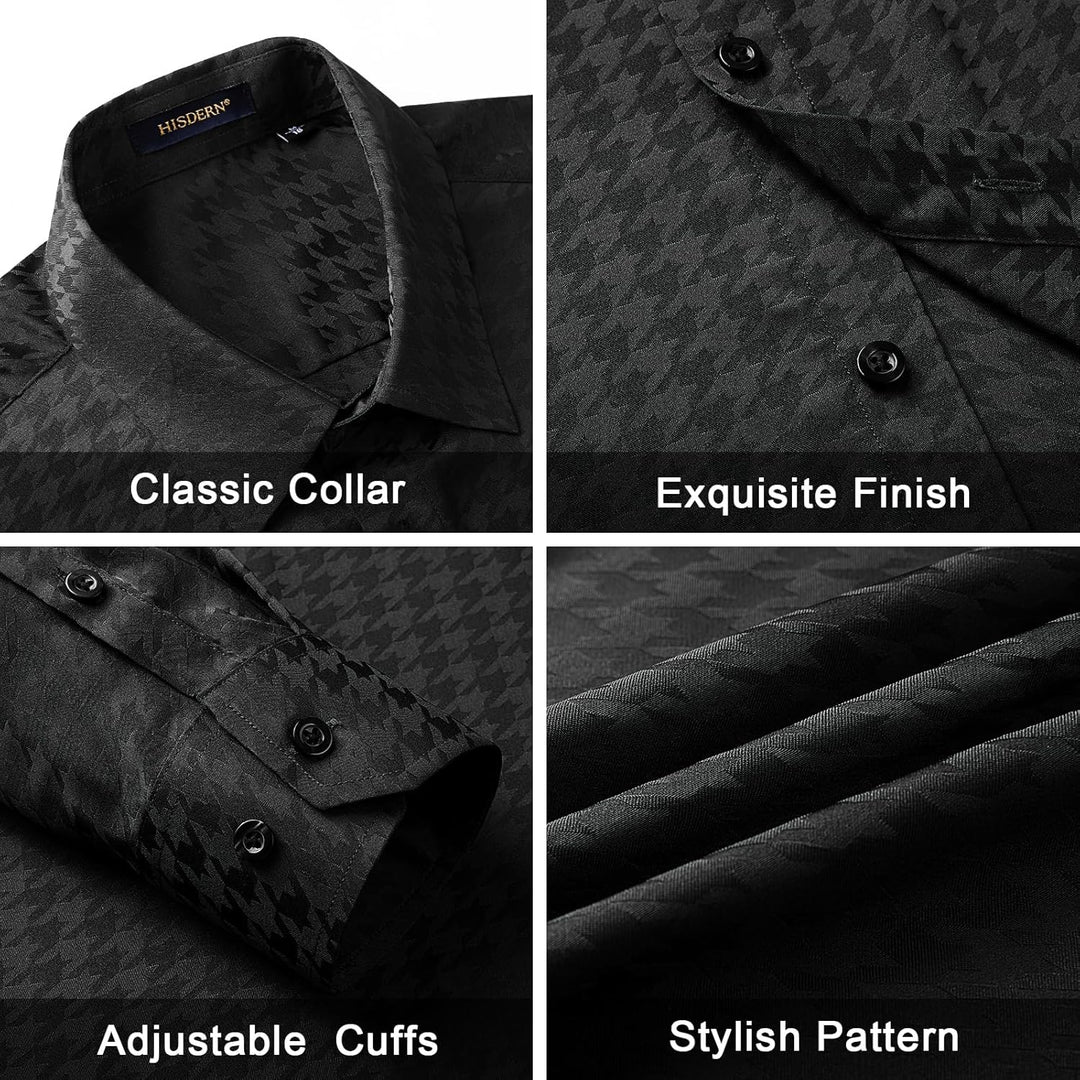 HISDERN Herren Paisley Hemd Langarm Satin Blumen Muster Hemd für Männer Jacquard Stickerei Freizeith
