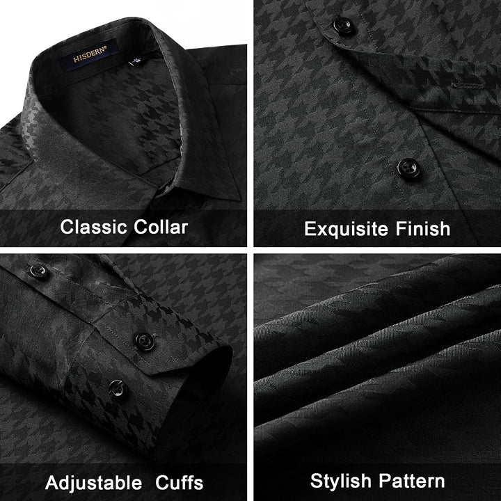 HISDERN Herren Paisley Hemd Langarm Satin Blumen Muster Hemd für Männer Jacquard Stickerei Freizeith