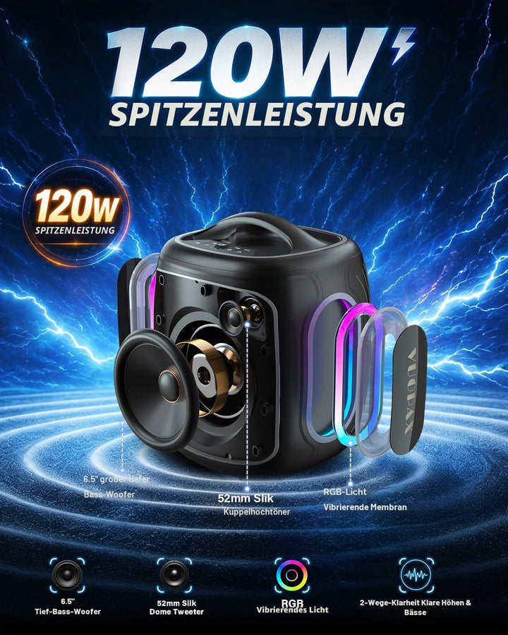 Bluetooth Lautsprecher Gross 120W, Tragbare Musikbox mit kraftvollem Sound, 6,5'' Woofer, Tiefbass &