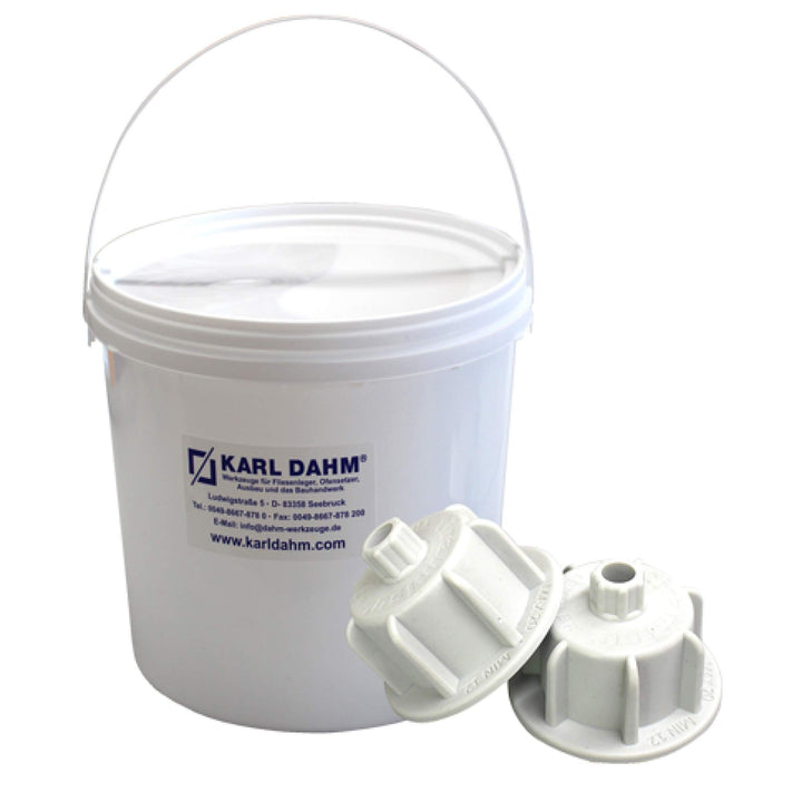 Karl Dahm Zughauben Set grau für Fliesenstärke bis 20 mm, 50 Stück + Eimer – Geeignet für Levelmac F