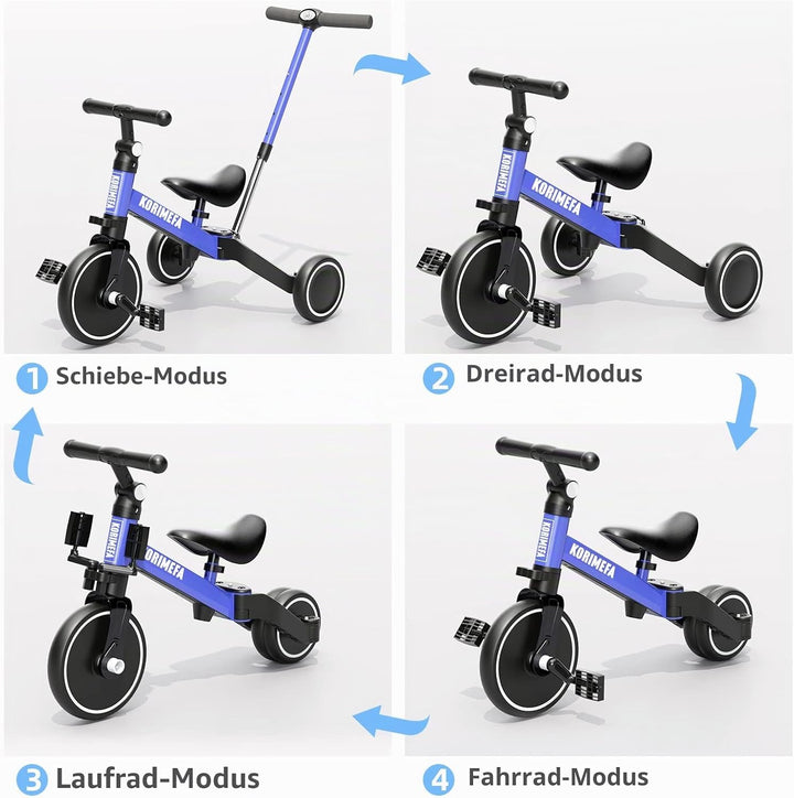 KORIMEFA 4 in 1 Laufräder Laufrad Kinderdreirad Dreirad Lauffahrrad Lauflernhilfe mit Schubstange fü
