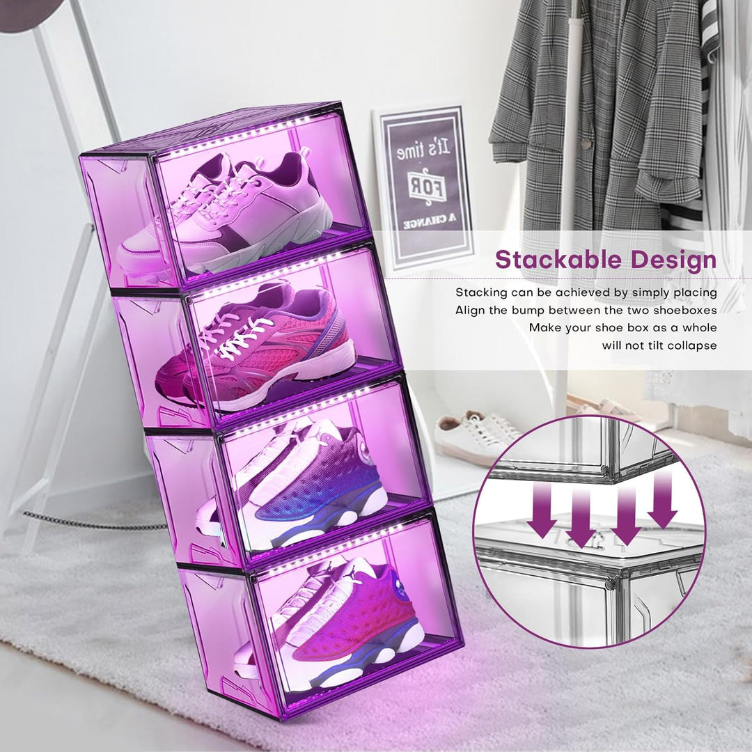 LED Schuhboxen Stapelbar, 2er Set, Schuh-Organizer aus Kunststoff, Schuhaufbewahrung Platzsparend, M