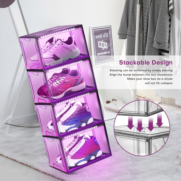 LED Schuhboxen Stapelbar, 2er Set, Schuh-Organizer aus Kunststoff, Schuhaufbewahrung Platzsparend, M