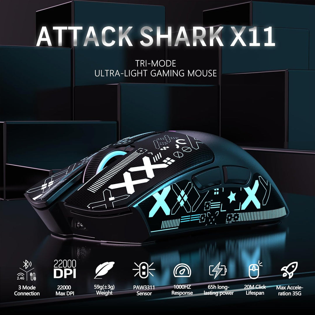 LexonElec x Attack Shark X11 Kabellose Gaming-Maus mit RGB Magnetische Ladestation, PixArt PAW3311-S
