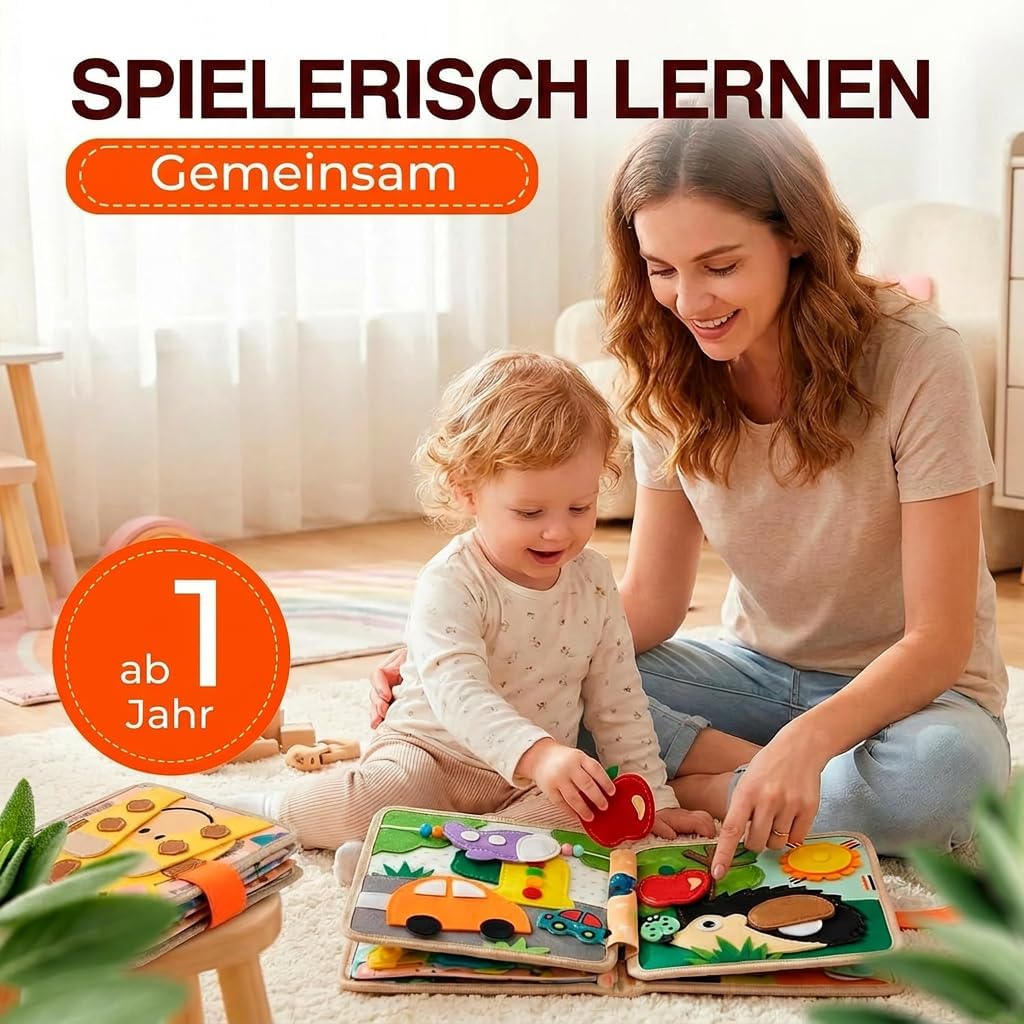 Quiet Book ab 1 Jahr – Montessori Busy Board aus Weichem Filz, Unkaputtbares Stoffbuch für Baby & Kl