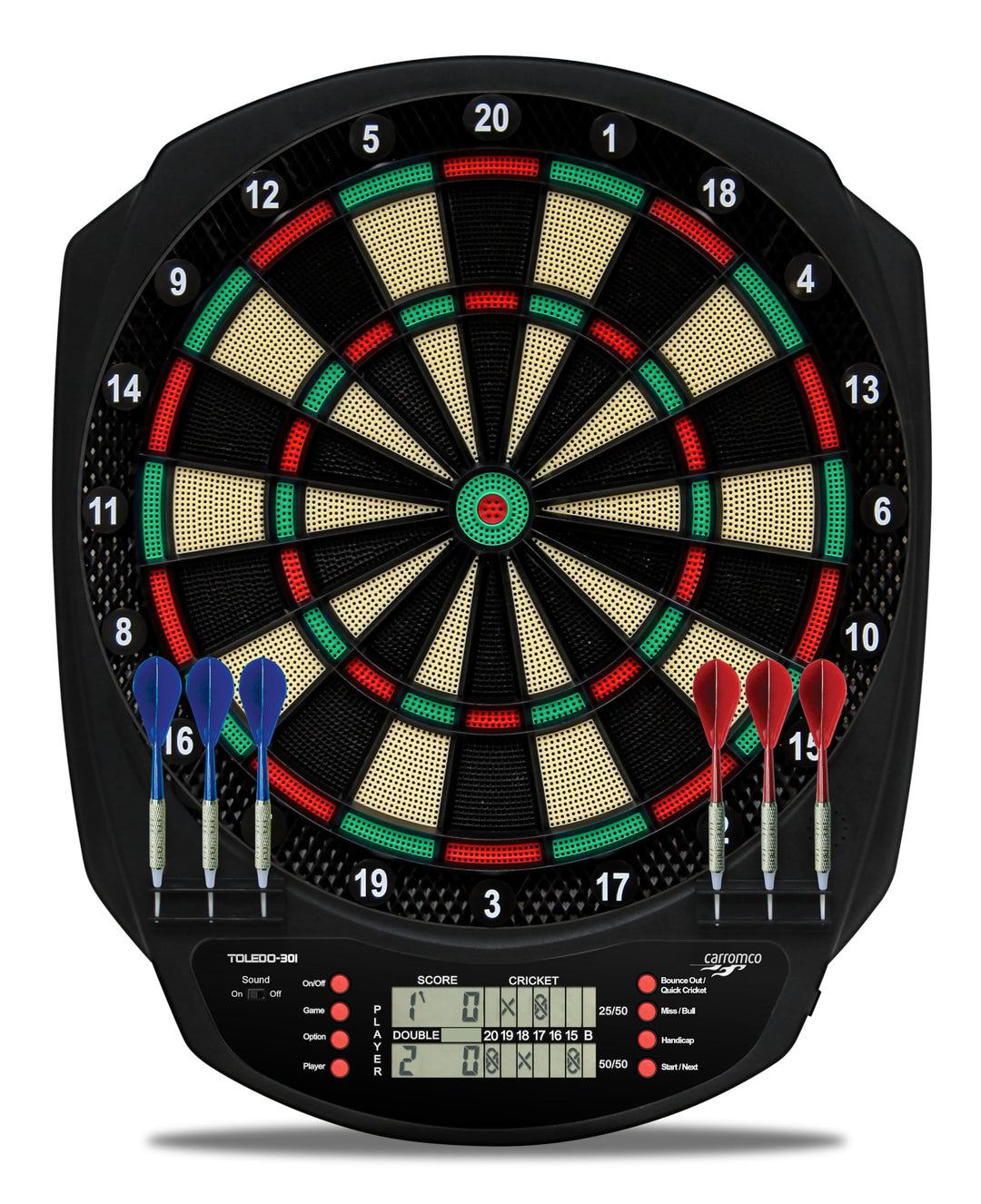 Carromco TOLEDO-301 elektronisches Dartboard – Dartscheibe mit LCD Display, 3-Loch Abstand, Dart Set