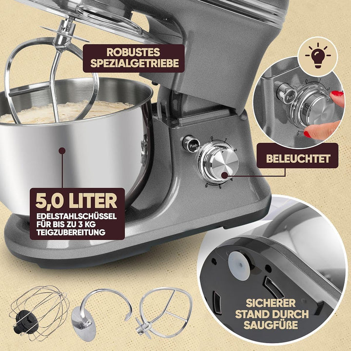 ProfiCook® Küchenmaschine zum backen | Knetmaschine 5L mit starkem 1200W Motor | Teigmaschine inkl.