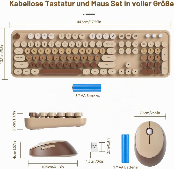 SOLIDEE kabellose Tastatur- und Maus-Kombination,Retro-Schreibmaschinen-Tastatur,2.4GHz runde Tasten