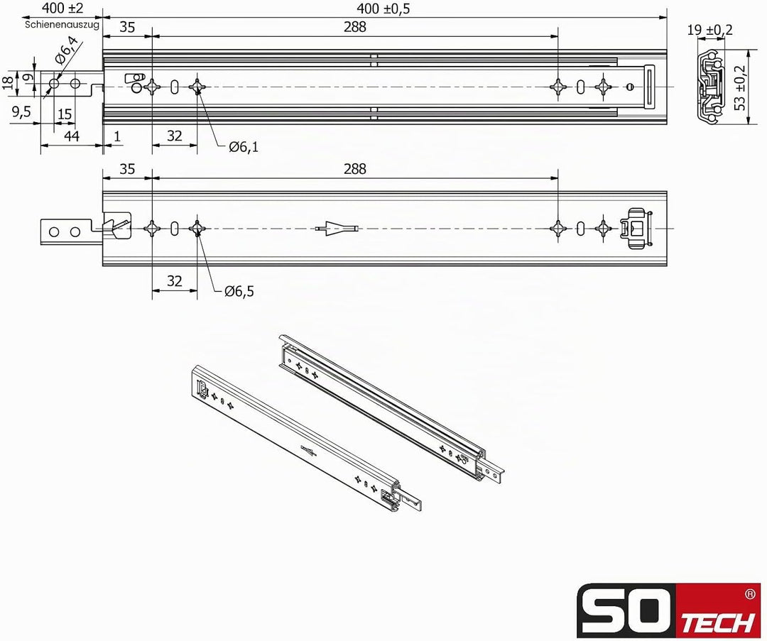 SOTECH VarioSlide Pat. Schubladenschienen Komplettset Schwerlastauszug KV2-100-H53-400 EH 400 mm bis