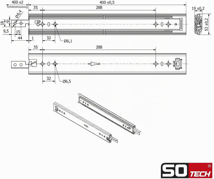 SOTECH VarioSlide Pat. Schubladenschienen Komplettset Schwerlastauszug KV2-100-H53-400 EH 400 mm bis