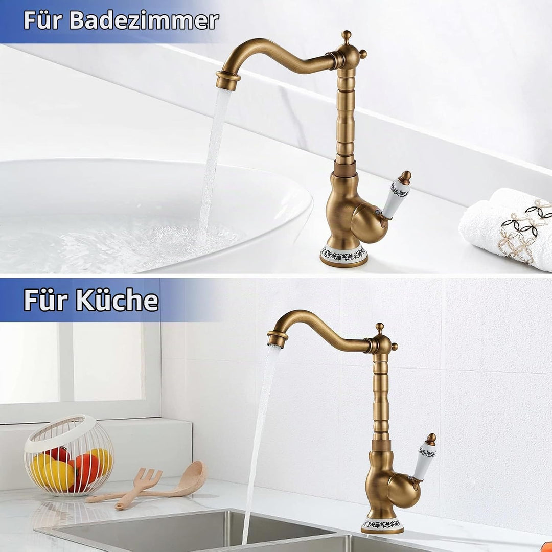 ROWINNAO Wasserhahn Bad Hoch Antikes Messing, Retro Waschtischarmatur 360° Drehbarer, Einhebel Misch