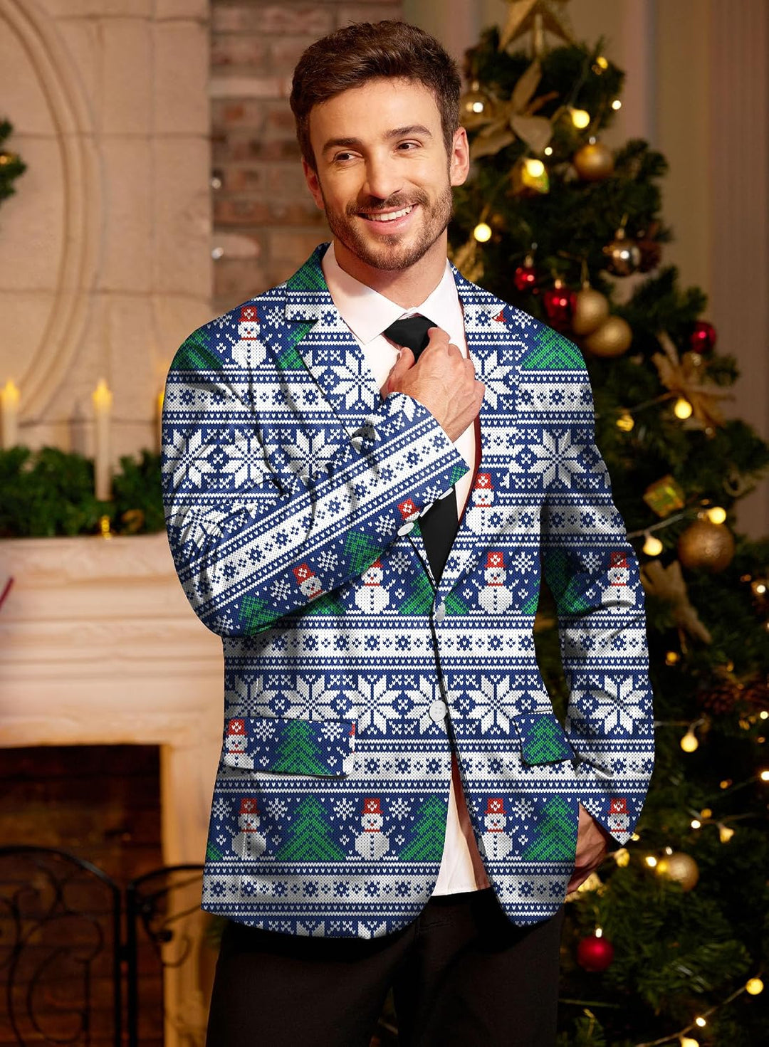 BesserBay Herren Weihnachtsblazer Bedruckte Langarm Anzugjacke Xmas Kostüm Blazer Slim Fit Blazer Fr