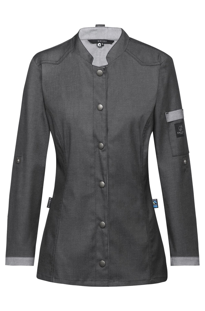 GREIFF Damen Kochjacke Im Bikerstyle Bäckerjacke Regular Fit Langarm mit Druckknopfverschluss XL Gra