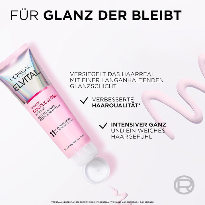 L'Oréal Paris Elvital Glycolic Gloss Bundle mit Shampoo, Spülung, 5 Minuten Haar-Laminierung für gla