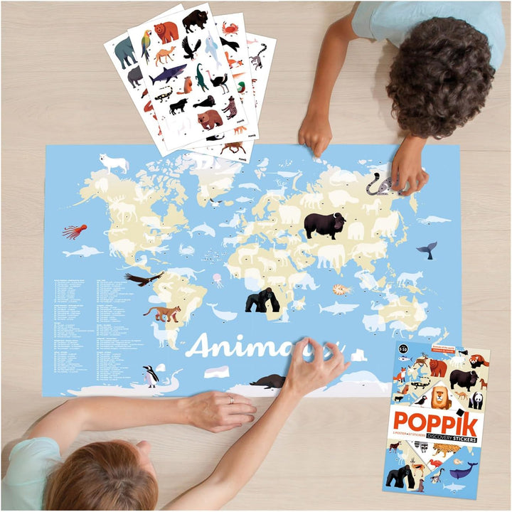 POPPIK 1841051 Sticker-Poster, Tiere der Welt, interaktives Lernposter mit Aufklebern, mehrsprachige