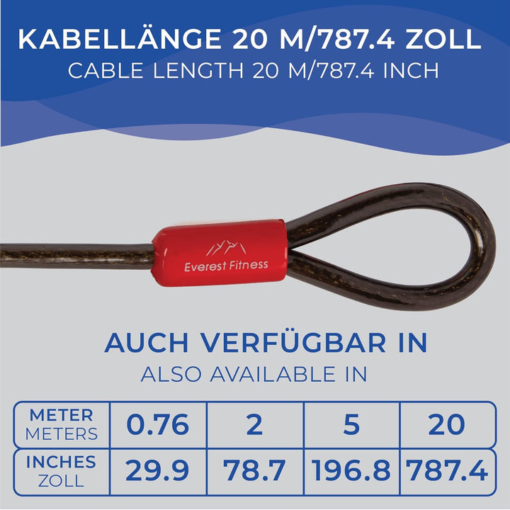 EVEREST FITNESS Universal Schlaufenkabel 20m Länge - Stahlseil mit Kunststoff ummantelt - Stahlkabel