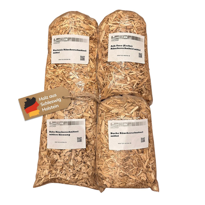 Landree® Starter-Set Räucherschnitzel Geflügel & Fisch – 4x2L Esche, Kastanie, Birke, Buche – BBQ Rä