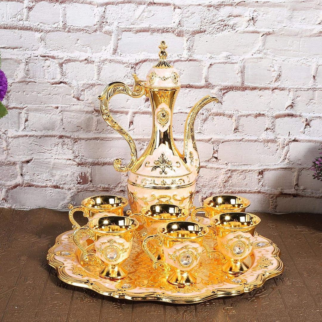 Vintage Türkische Kaffeekanne mit 6 Kaffeetassen, Türkisches Metall Teeset Einschliesslich Handwerkl