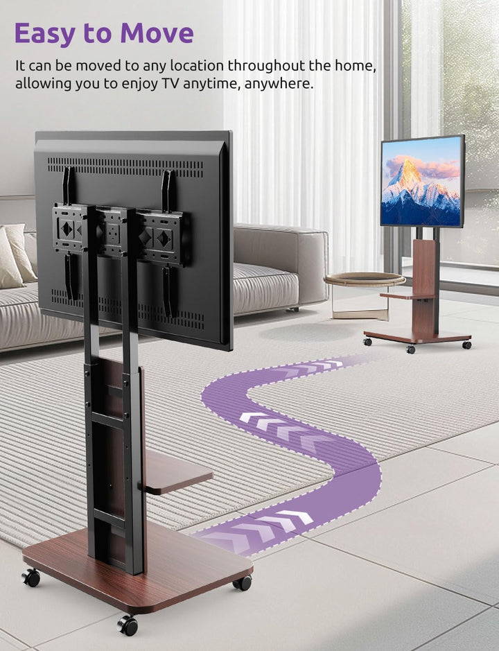 TV Ständer Rollbar mit Holzablage, Fernsehständer auf Rollen für 32-75 Zoll Fernseher, TV Bodenständ