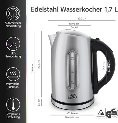 T24 Edelstahl Wasserkocher 1,7 L mit Temperatureinstellung 2200W, LED Beleuchtung-Farbe je nach Temp