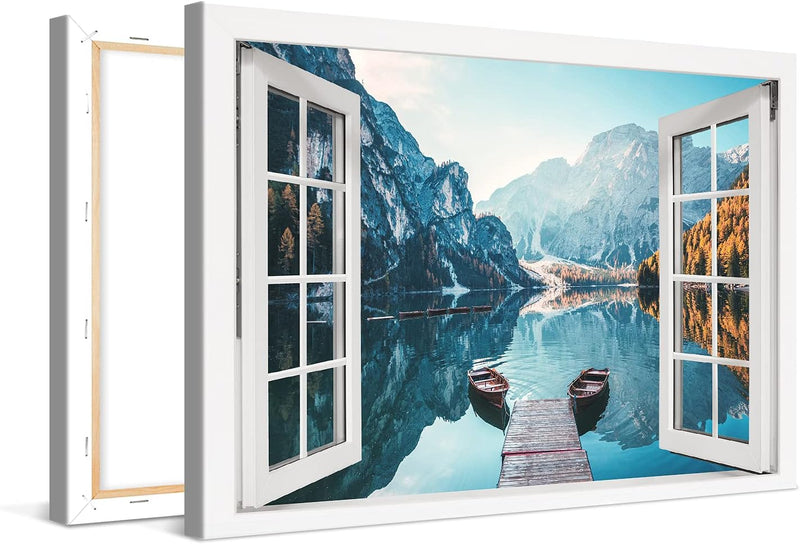 PICANOVA – Bild auf Leinwand Dolomites Bergsee Pragser Wildsee Fenster 120x80cm Leinwandbild – Premi