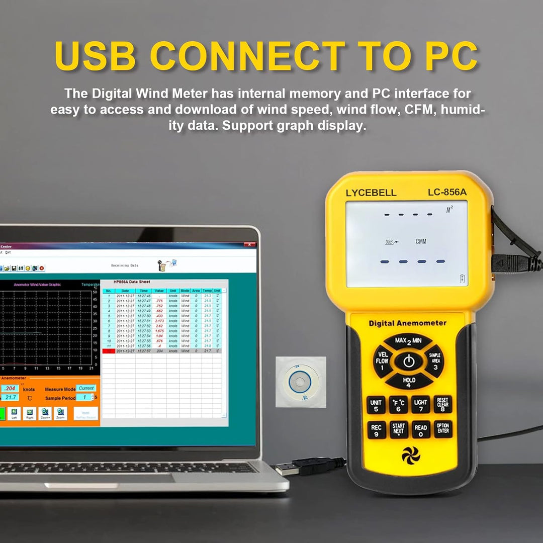 LYCEBELL Digital Anemometer, LC-856A Handheld Windmesser misst Windgeschwindigkeit, Windfluss, Tempe