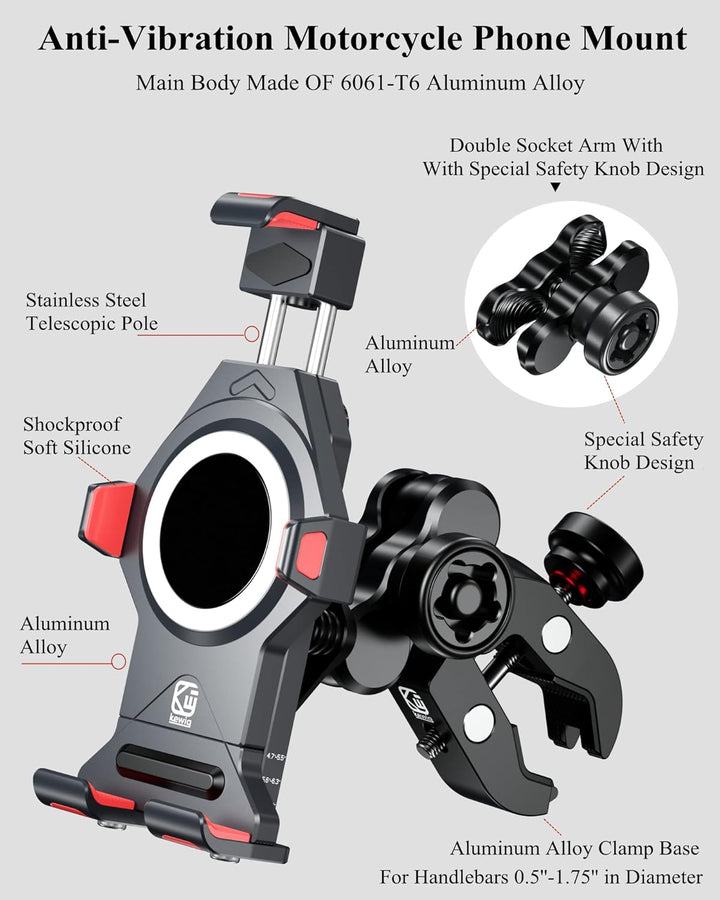 BRCOVAN Motorrad Handyhalterung mit Vibrationsdämpfer, Diebstahlsichere Aluminiumlegierung Handy Mot