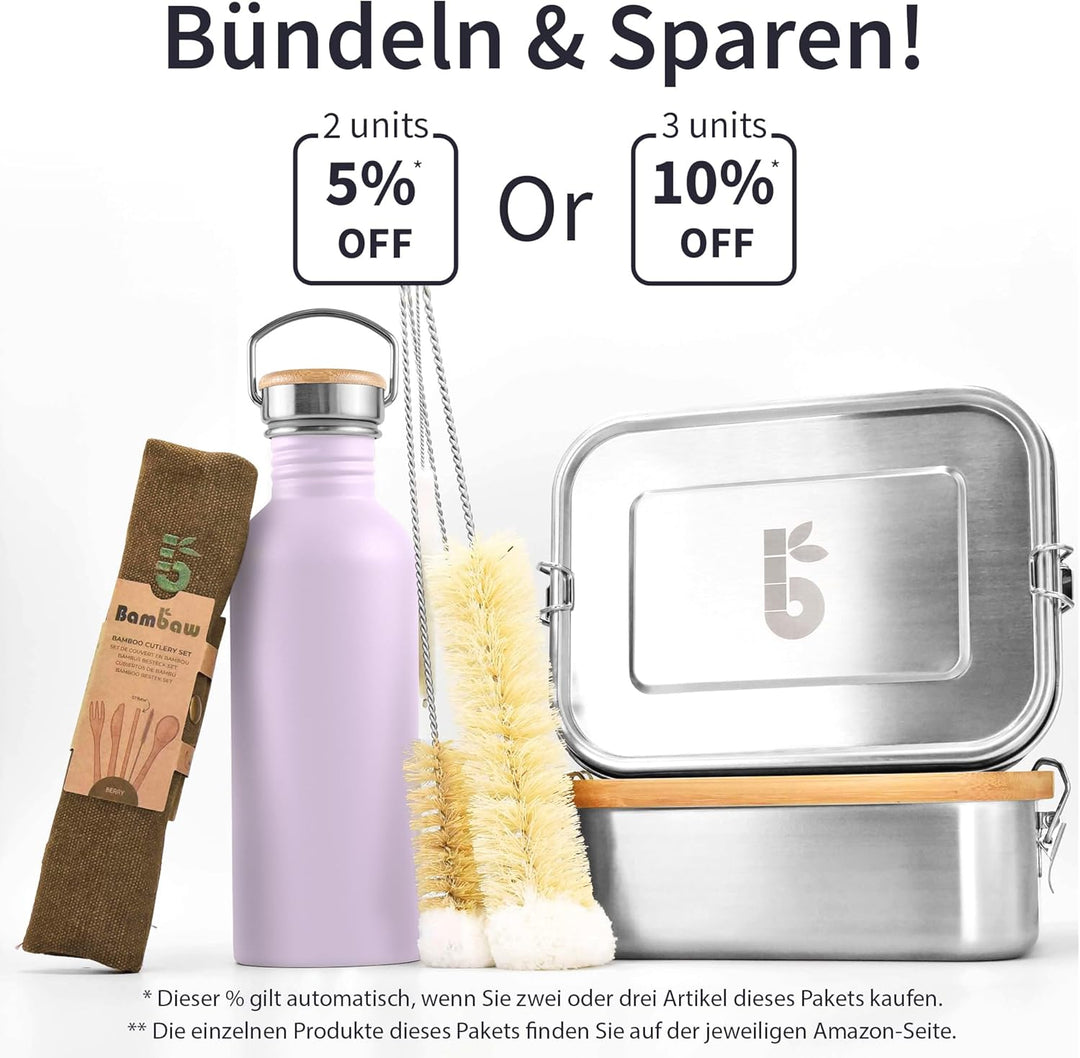 Bambaw Trinkflasche 500ml Edelstahl, Nicht-isolierte Trinkflasche Lila, Trinkflasche Ohne BPA, Metal