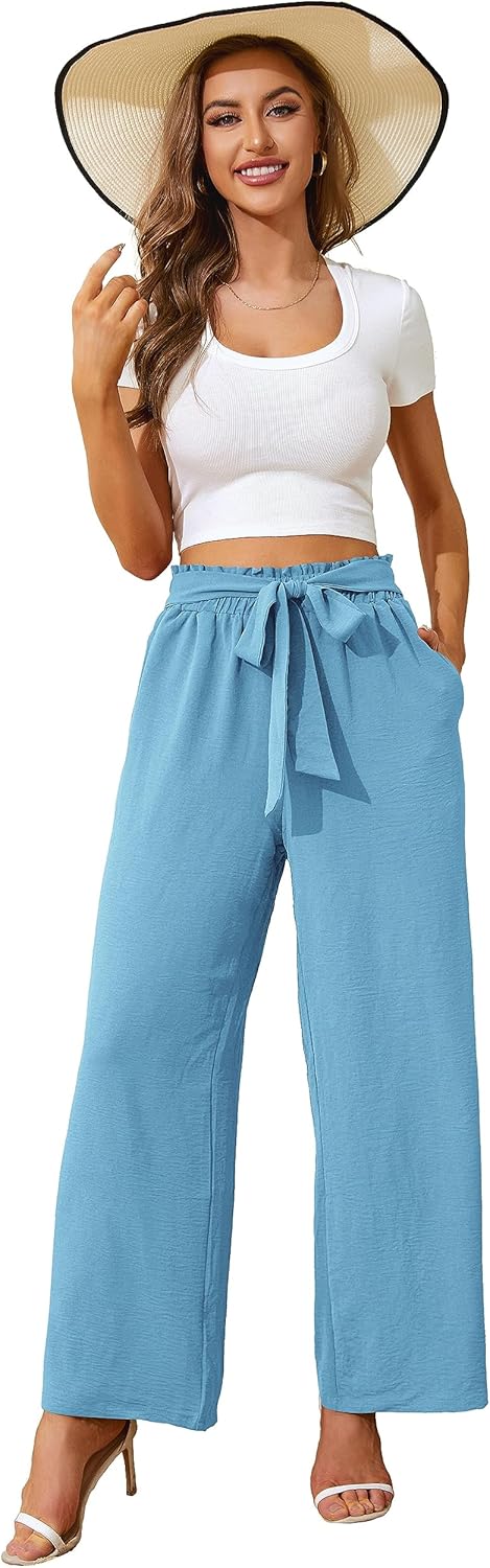 Actcat Damen Hose mit weitem Bein, leicht und elegant, elastischer Bund, Sommerhose mit Taschen, für