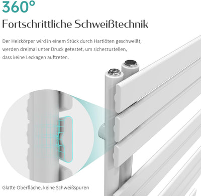 EMKE Badheizkörper Seitenanschluss 1041x500 mm Weiss, Flach Handtuchwärmer Handtuchtrockner Handtuch