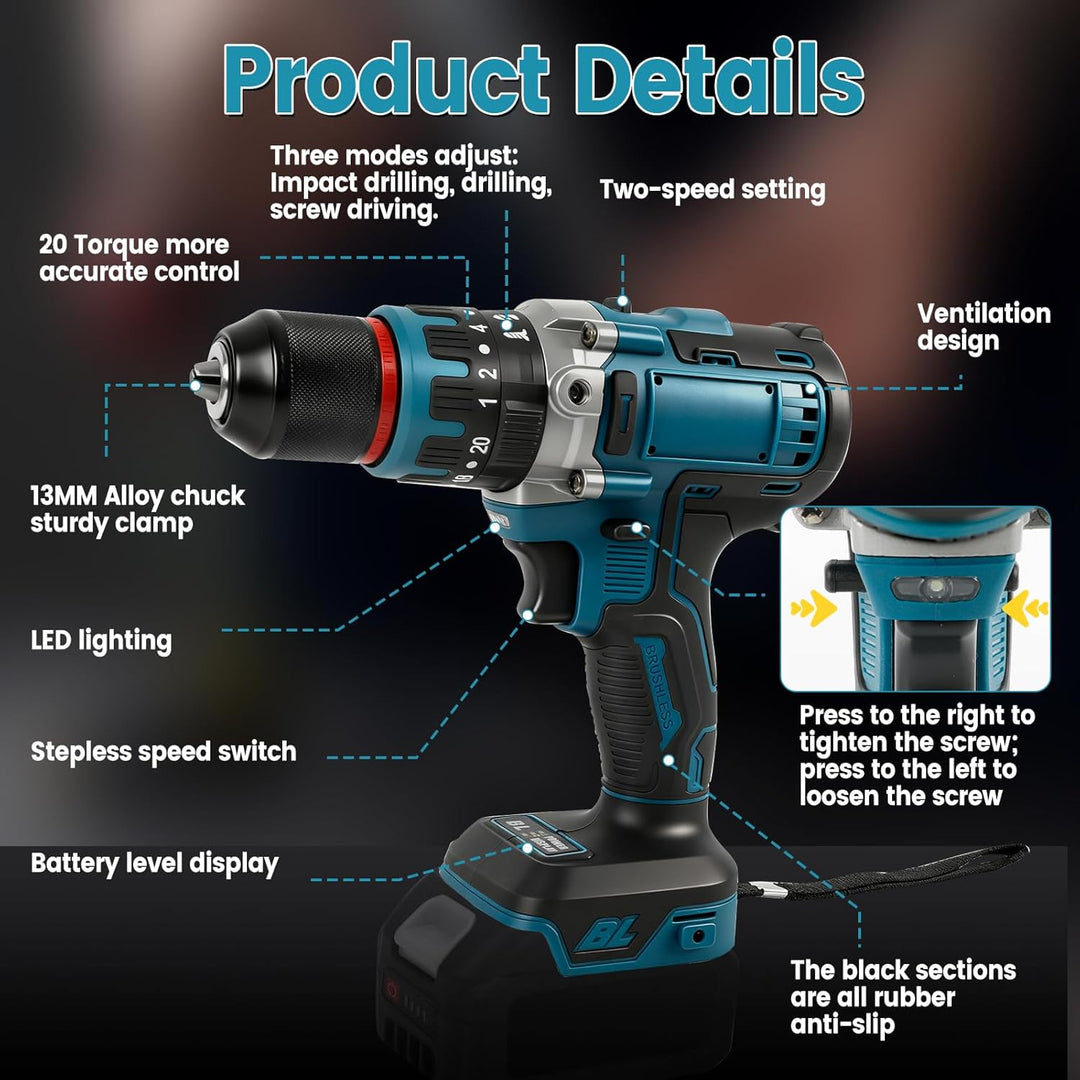 80 Nm bürstenloser Akku-Schlagbohrer, kompatibel mit Makita 18-V-Akku, 1/2-Zoll-Hammerbohrer, 2100 U