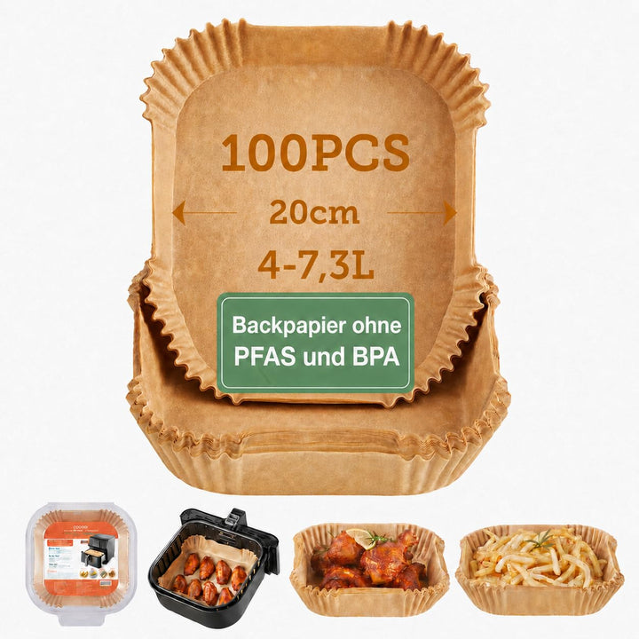 Cosori Backpapier für Heissluftfritteuse XXL 4-7,3 L, 100 Stück 20 cm, ungebleichtes Airfryer zubehö