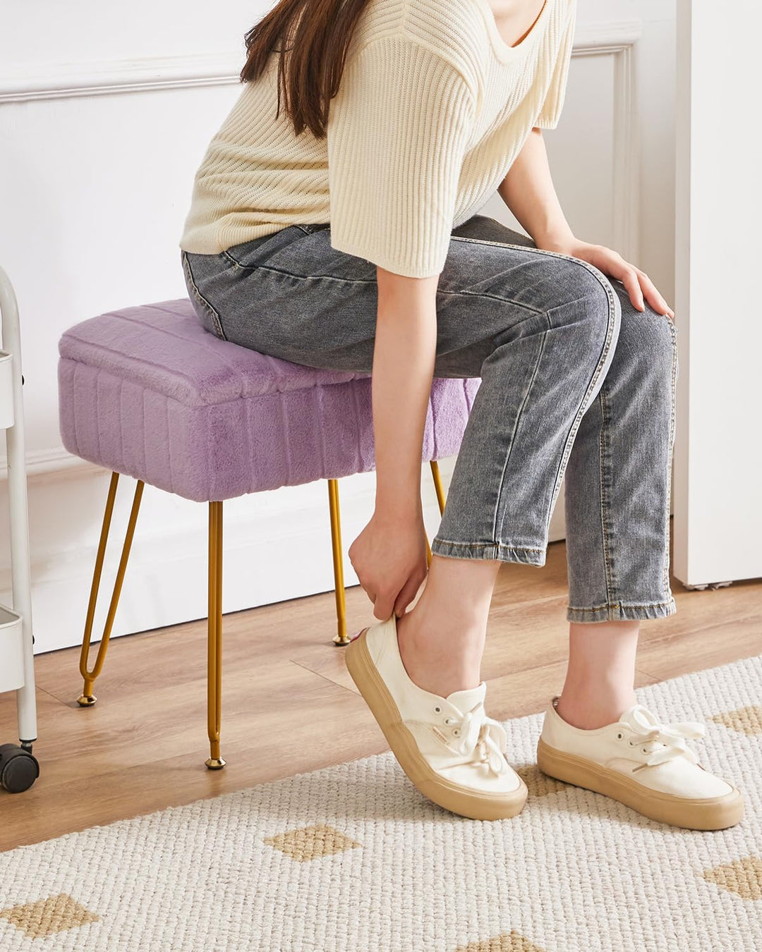 IBUYKE Samt Hocker Stuhl mit Stauraum, Fussstütze Fusshocker Ottoman, Kleiner Beistelltisch, mit 4-M
