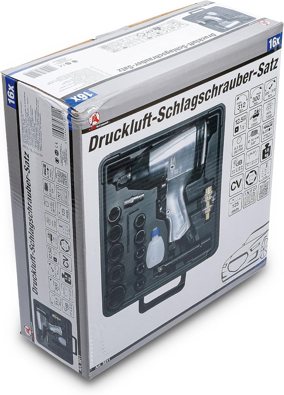 BGS Diy 3211 | Druckluft-Schlagschrauber mit Werkzeugsatz | 12,5 mm (1/2") | 312 Nm | 16-tlg.