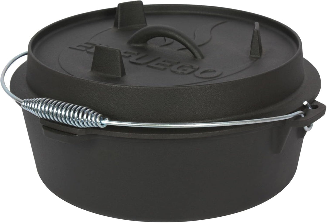 Dutch Oven 7,3 Liter von El Fuego®, 100% Gusseisen, inkl. Schürhaken und Tragebügel, Camping & Outdo
