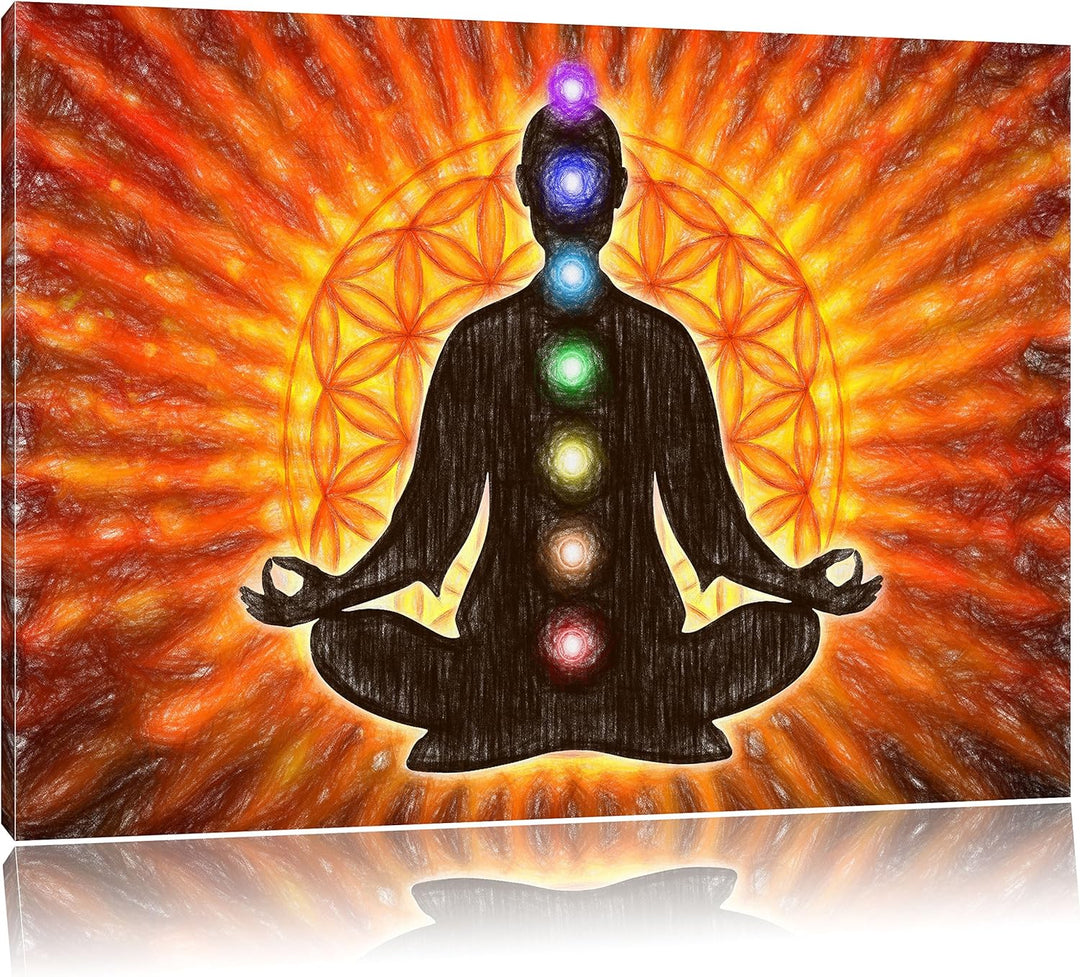 Pixxprint Meditation mit den 7 Chakren als Leinwandbild/Grösse: 100x70 cm/Wandbild/Kunstdruck/fertig